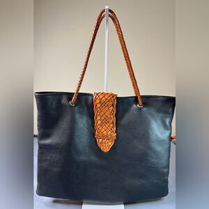 Desmo Italy pebbled black Leather Tote Bag with Tan Braided Handles